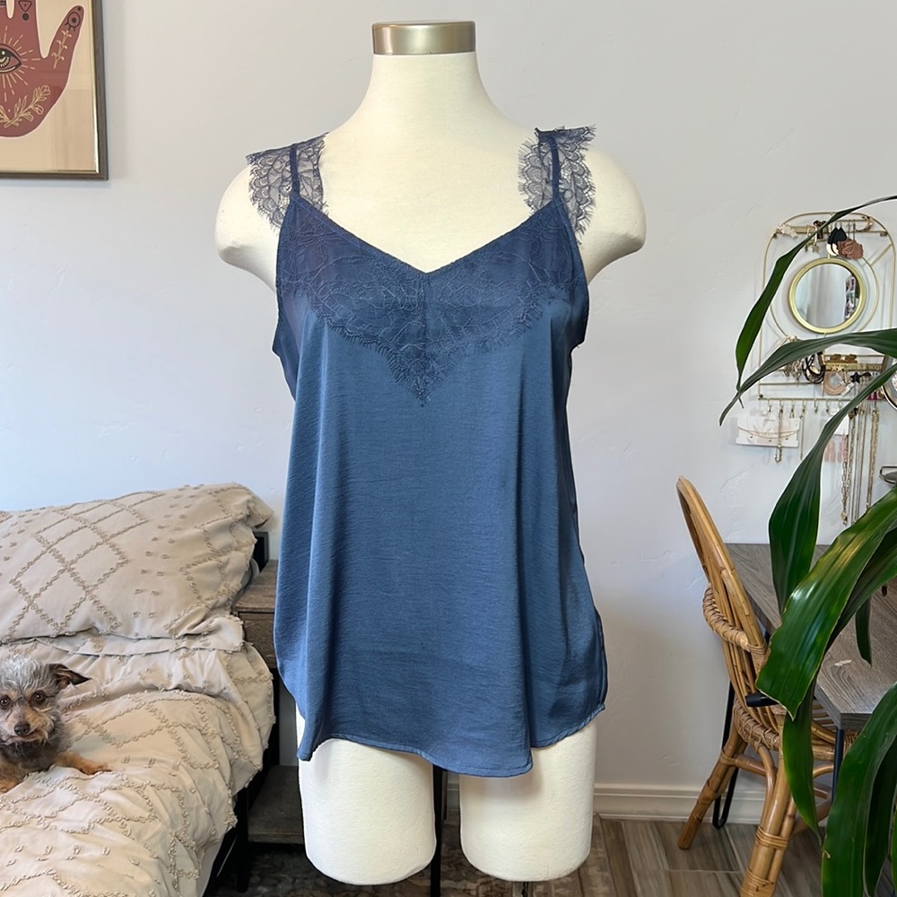 Slate, blue V-neck, silky, camisole lace slip style tank top